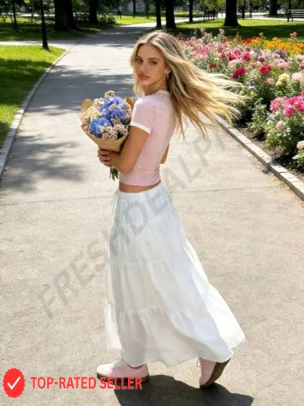 Maxi Skirt Boho Flowy Flared Ruffle Beach Vacation Summer Going Out - Picture 3 of 6